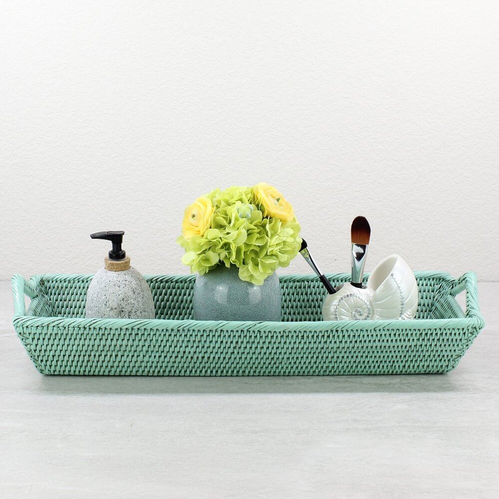 NEW Long Large Tight Woven Rattan Tray with Handles, Sage Leaf